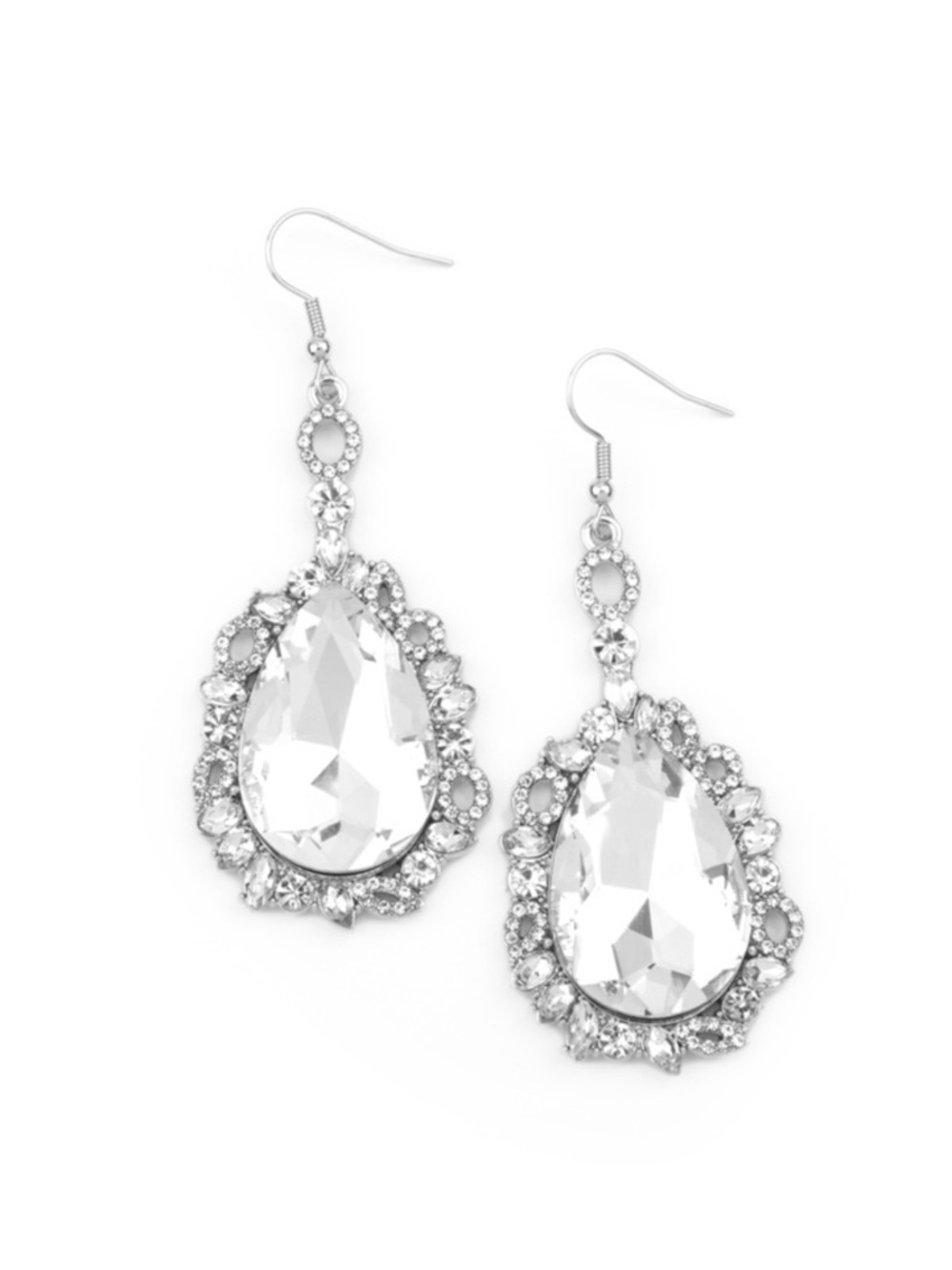 E-93 Crystal Teardrop Dangle Earrings - Silver
